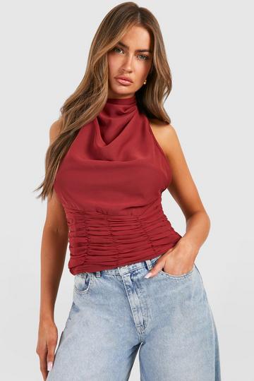 Halter Neck Chiffon Ruched Top red