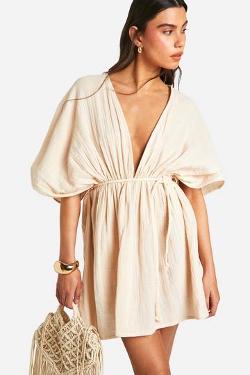Stone Beige Cheesecloth Belted Batwing Mini Dress