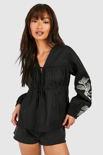 Embroidered Tie Front Blouson Top black