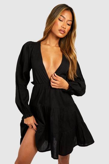 Linen Plunge Long Sleeve Tiered Mini Dress black