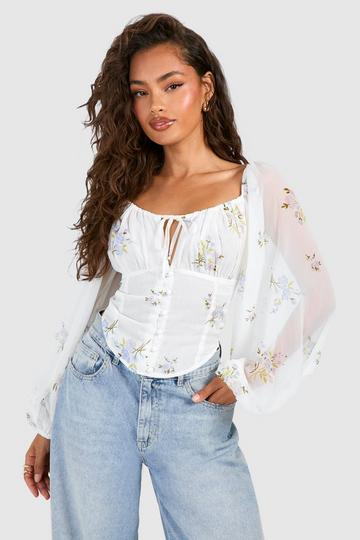 Cream White Floral Puff Long Sleeve Crop Top