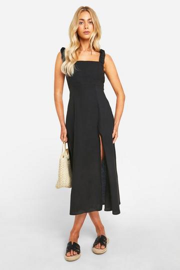 Black Linen Split Midi Dress