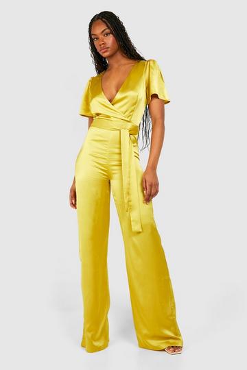 Tall Occasion Satin Wrap Wide Leg Jumpsuit lime