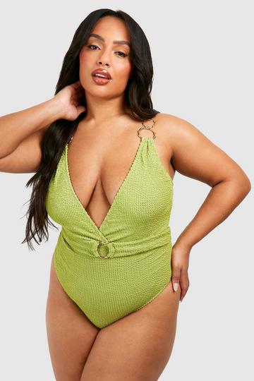 Plus Crinkle Ring Detail Plunge Swimsuit olive