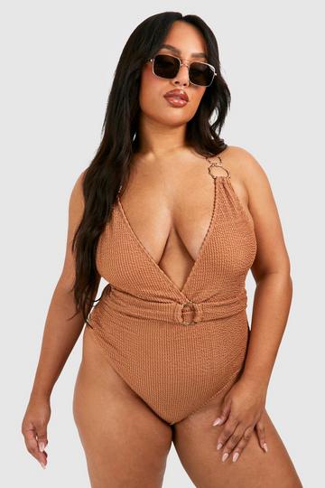 Plus Crinkle Ring Detail Plunge Swimsuit taupe