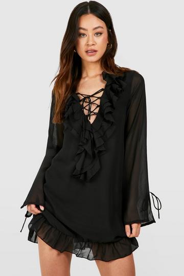 Tall Chiffon Ruffle Lace Up Mini Dress black