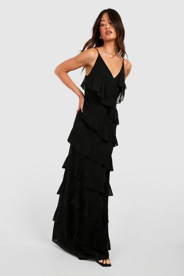 Black Mesh Plunge Ruffle Maxi Dress, Dresses