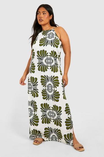 Green Plus Woven Scarf Print One Shoulder Maxi Dress