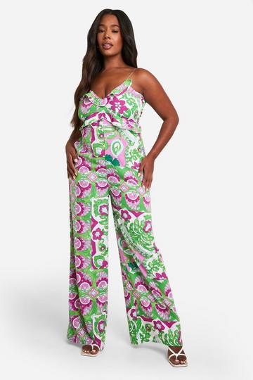 Plus Woven Paisley Print Strappy Jumpsuit green