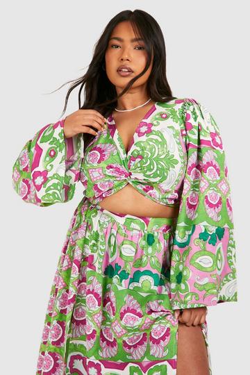 Plus Woven Paisley Print Flared Sleeve Twist Front Top green