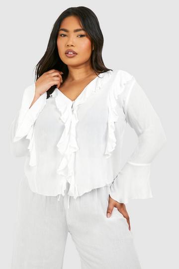 Plus Cheesecloth Ruffle Detail Flare Sleeve Blouse ivory