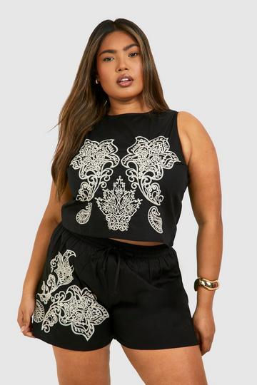 Plus Woven Embroidery Detail Short & Crop T-shirt Co-ord black
