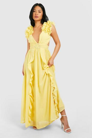 Lemon Yellow Petite Floral Ruffle Shoulder Occasion Maxi Dress