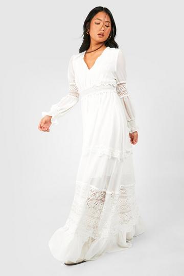 Ivory White Petite Boho Lace Detail Tierred Maxi Dress