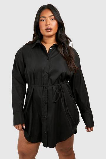 Black Plus Cotton Cinched Waist Shoulder Pad Shirt Dress