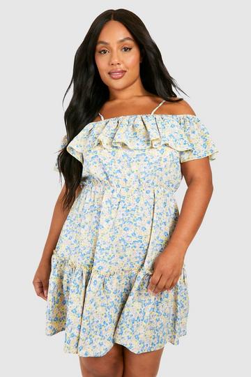 Plus Woven Ditsy Floral Cold Shoulder Skater Dress yellow