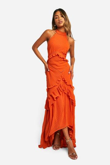 Rust Orange Dobby Halterneck Ruffle Maxi Dress
