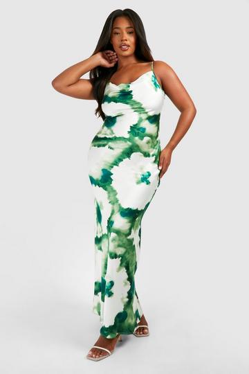 Green Plus Floral Print Satin Maxi Dress