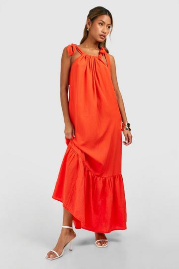 Orange Seersucker Tier Hem Maxi Dress