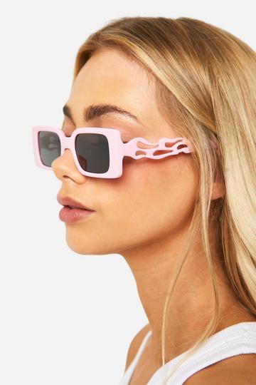 Pink Pink Rectangular Detailed Sunglasses