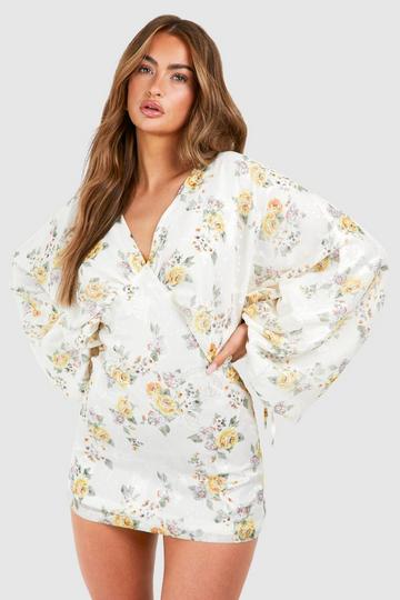 Cream White Floral Extreme Batwing Plunge Mini Dress