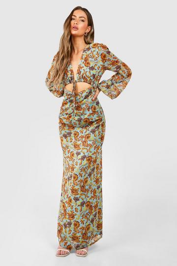 Floral Rouched Cut Out Maxi Dress blue