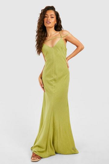 Olive Green Linen Strappy Plunge Maxi Slip Dress