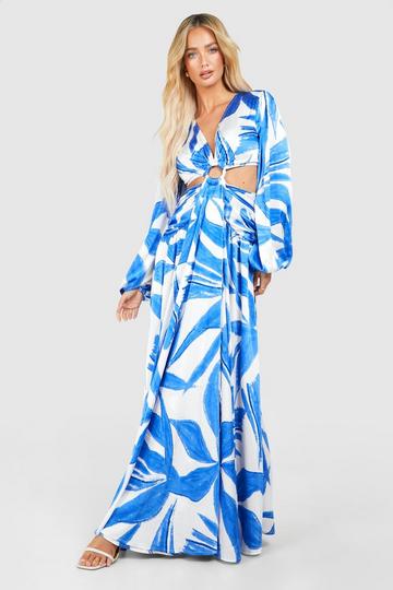 Abstract Print Cut Out Ring Detail Maxi Dress blue