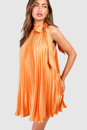Satin Pleated Halterneck Mini Dress orange
