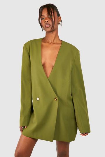 Olive Green Collarless Oversized Blazer Dress