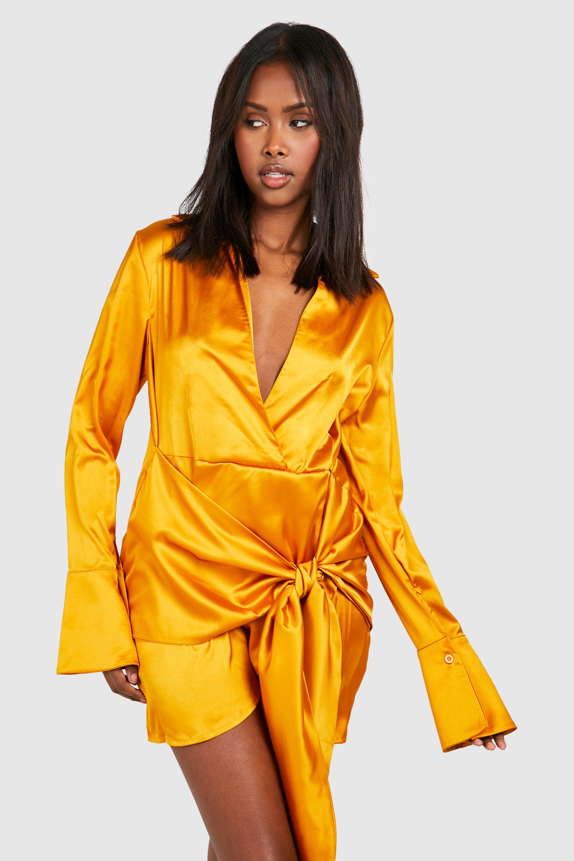 Gold satin 2024 shirt dress