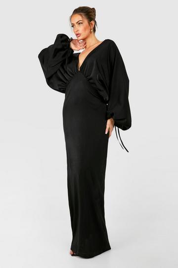 Satin Extreme Blouson Sleeve Plunge Maxi Dress black