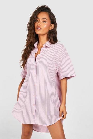 Stripe Short Sleeve Oversized Shirt Dress pink
