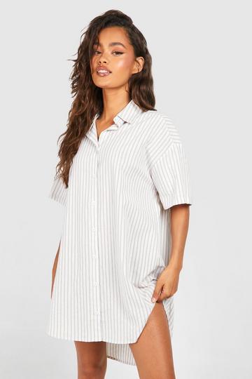 Stone Beige Stripe Short Sleeve Oversized Shirt Dress