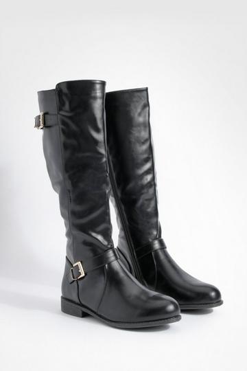 Black Wide Fit Harness And Buckle Detail Knee High Boot