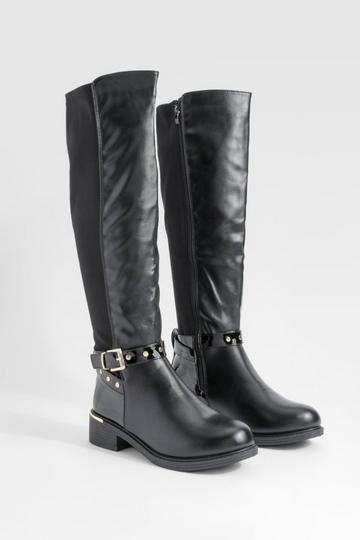 Wide Fit Buckle Detail Panel Knee High Boots black