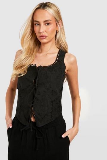 Tall Broderie Lace Up Top black