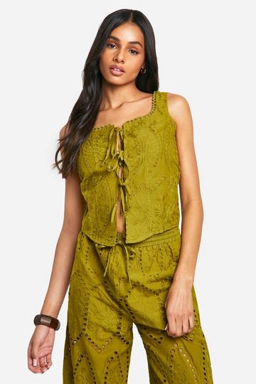 Tall Broderie Lace Up Top khaki