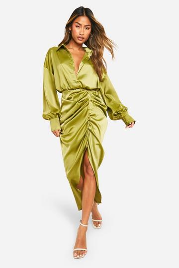 Olive Green Satin Draped Shirt Dress