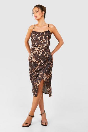 Brown Leopard Draped Midi Slip Dress