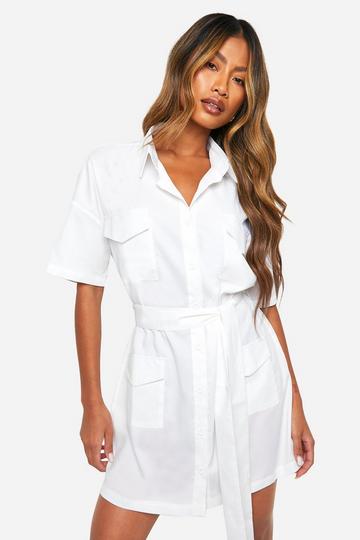 Poplin Short Sleeve Utility Shirt Dress white