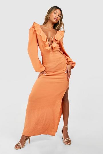 Terracotta Orange Textured Ruffle Maxi Dress