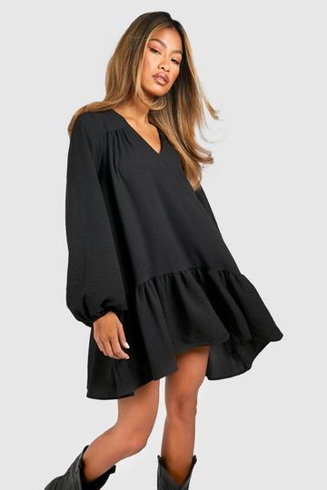 Textured Blouson Sleeve Mini Smock Dress black