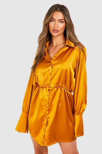 Gold Metallic Satin Shoulder Pad Mini Shirt Dress