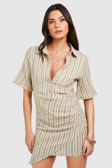 Stone Beige Stripe Wrap Short Sleeve Shirt Dress