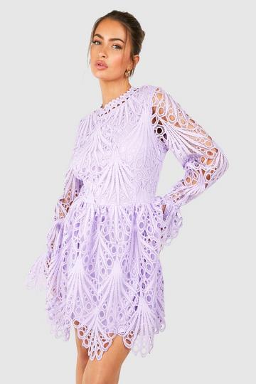 High Neck Flared Sleeve Lace Skater Dress lilac
