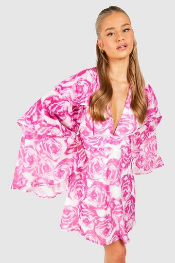 Floral Chiffon Layered Frill Sleeve Skater Dress pink