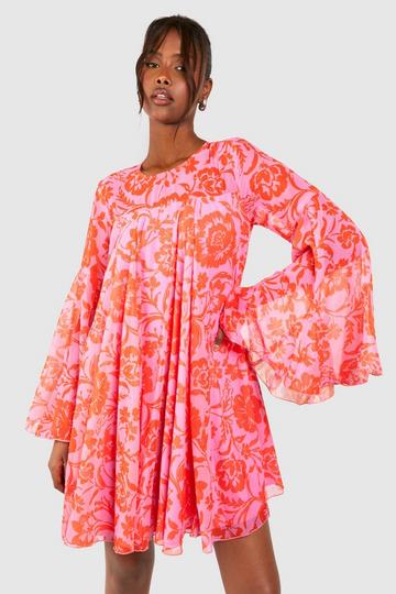 Floral Print Flared Sleeve Smock Dress pink