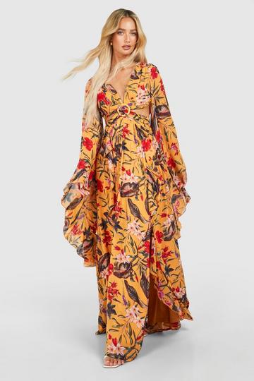 Tropical Floral Chiffon Print Cut Out Maxi Dress orange