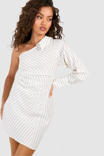 Stripe Asymmetric Rouched Shirt Dress stone